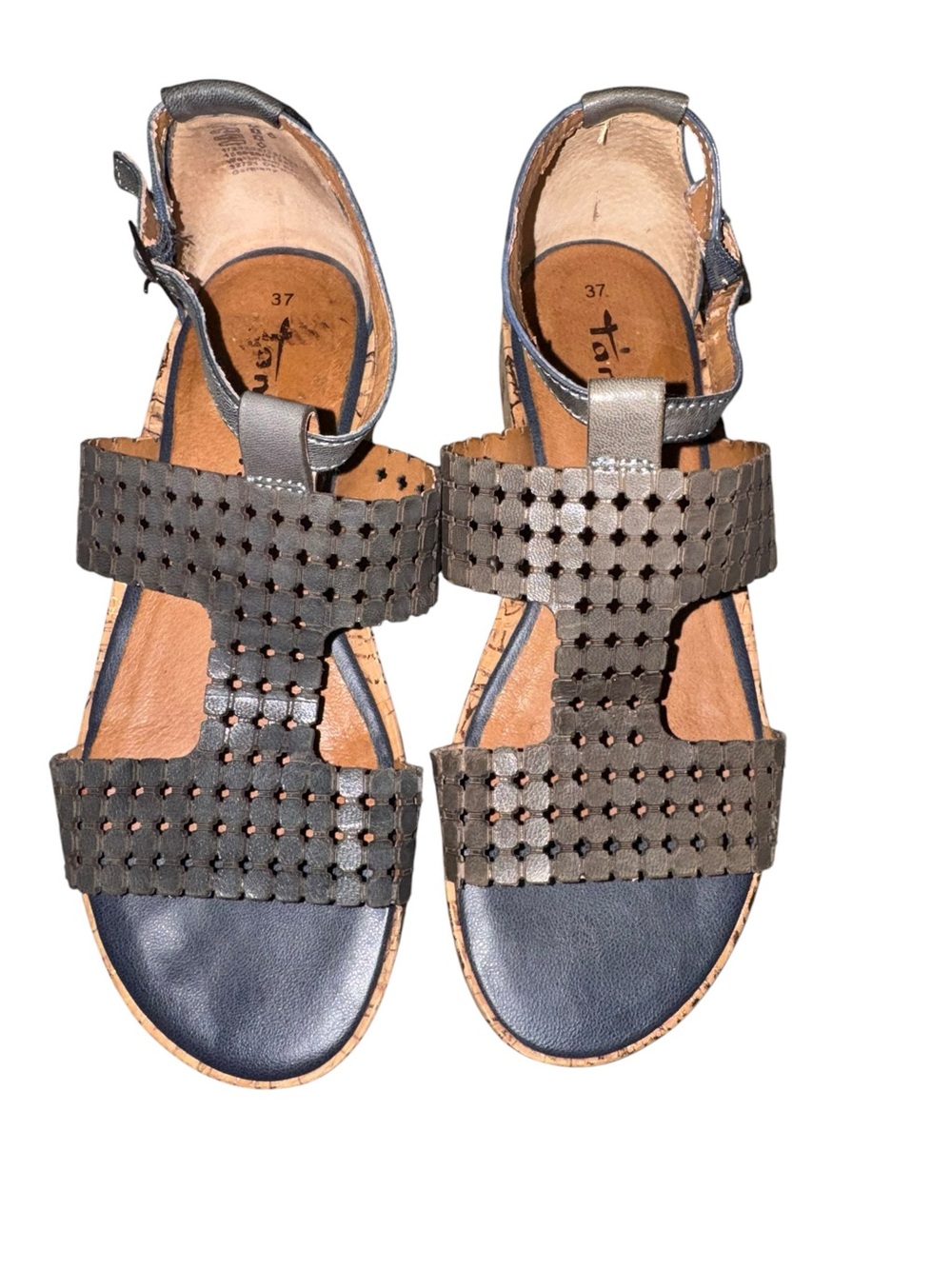 Tamaris Touch It Gray Metallic Leather Cutout Cork Wedge Sandals EU 37 US 6.5